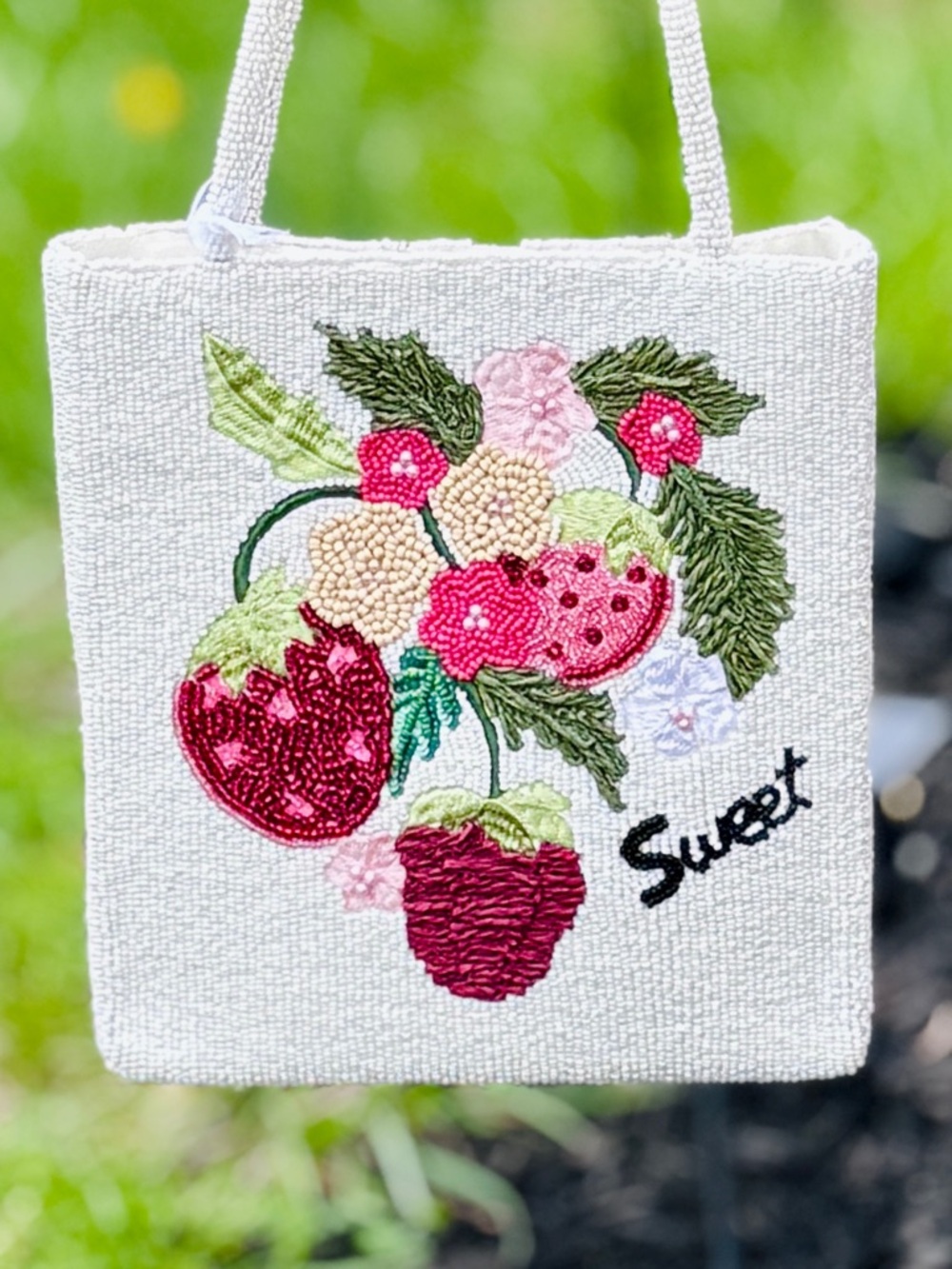 Sweet Strawberry Beaded Mini Tote – Handmade Statement Bag